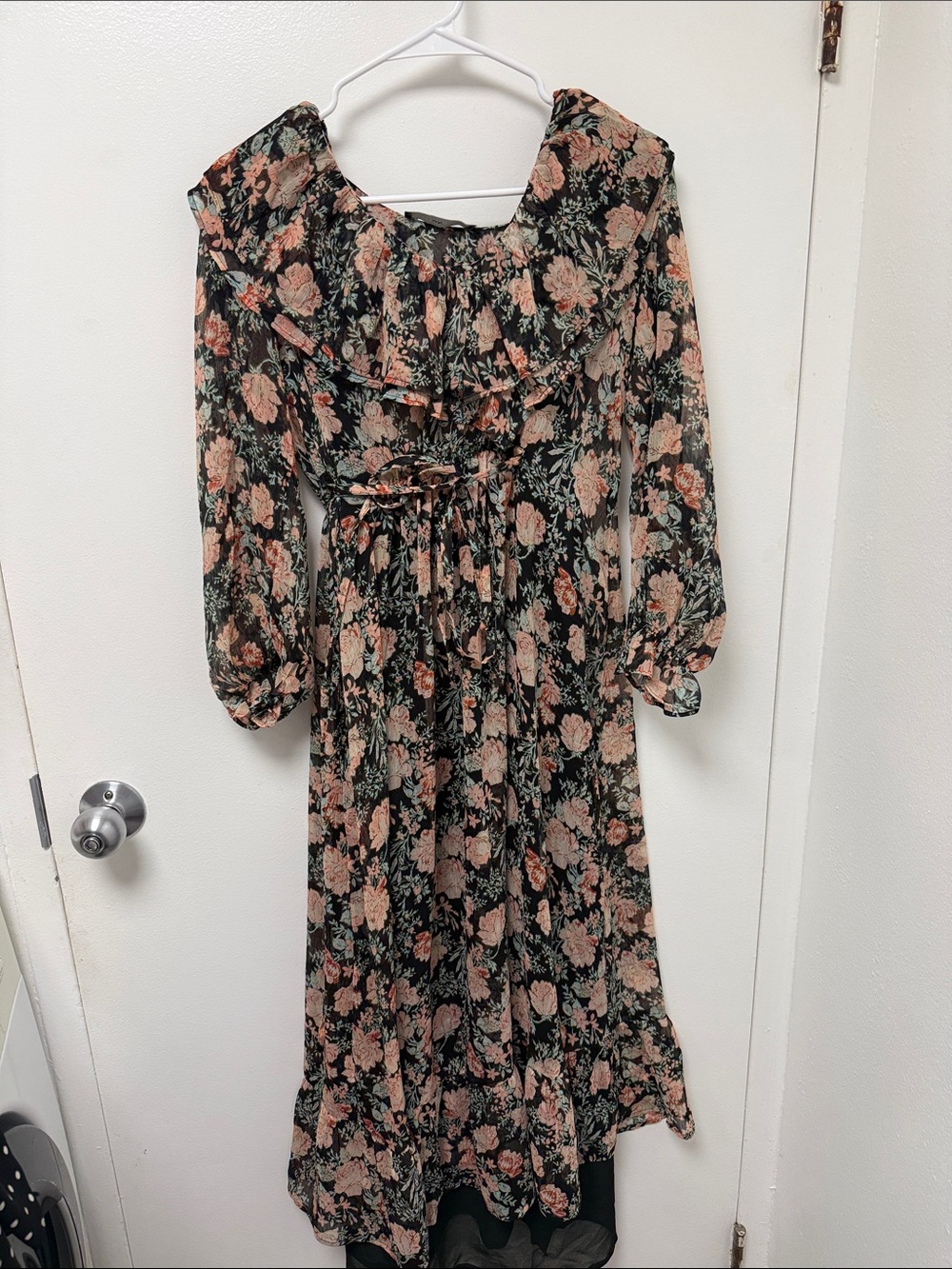 MNG Floral Ruffle Maxi Dress in Black and Blush with Removable Second Layer